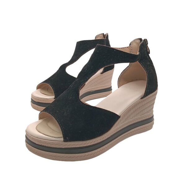 T-Strap Platform Sandals Womens 38 Black Faux Suede Back Zip Wedge Espadrille - Picture 1 of 5